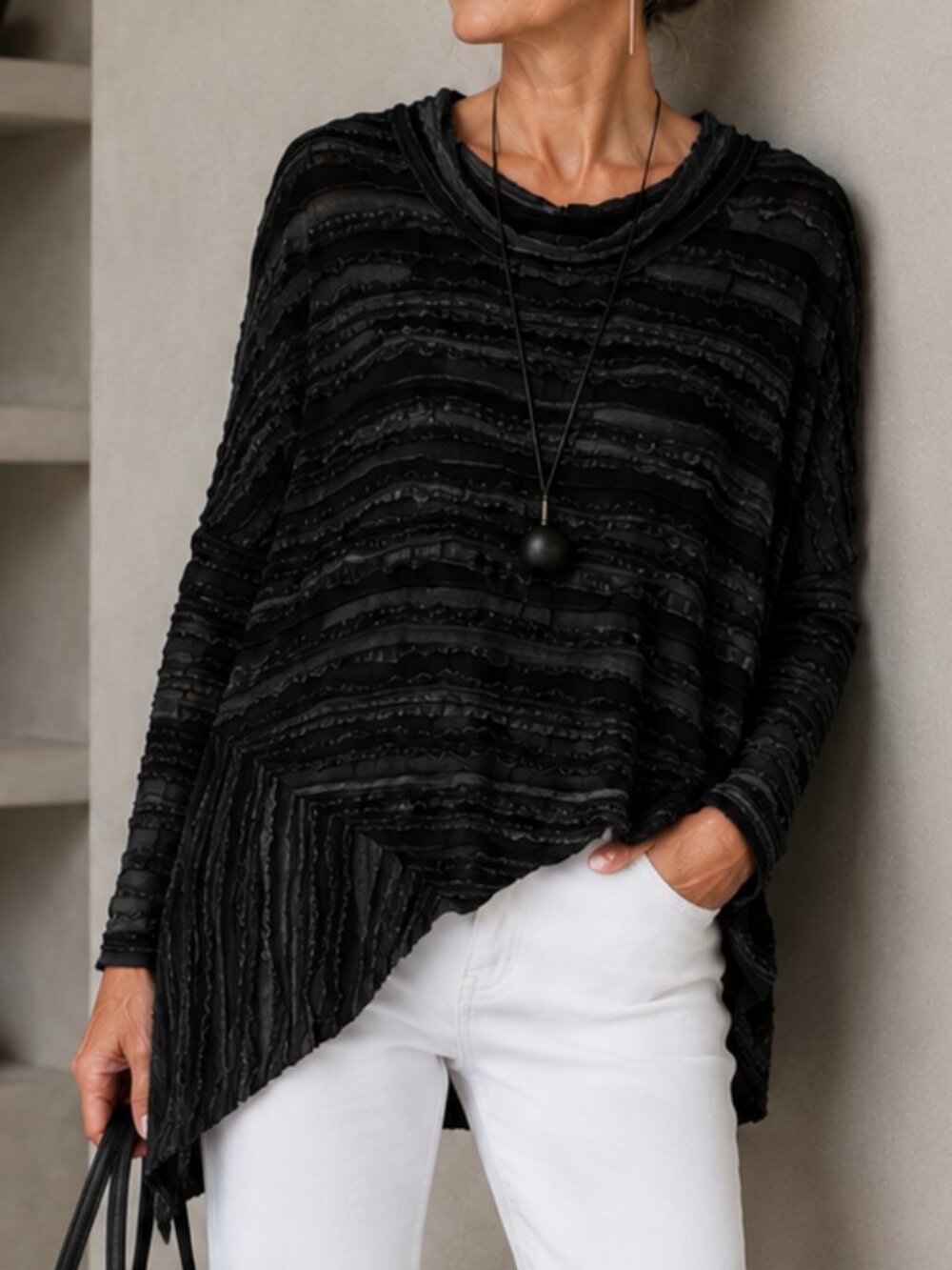 OSKA Black Textured Asymmetrical Top One Size Oversized Art-to-Wear